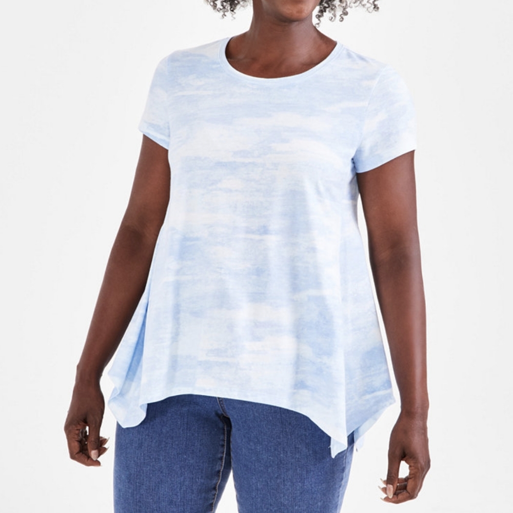 Style & Co. Womens Shark Bite Hem Tee Blue Dye Medium